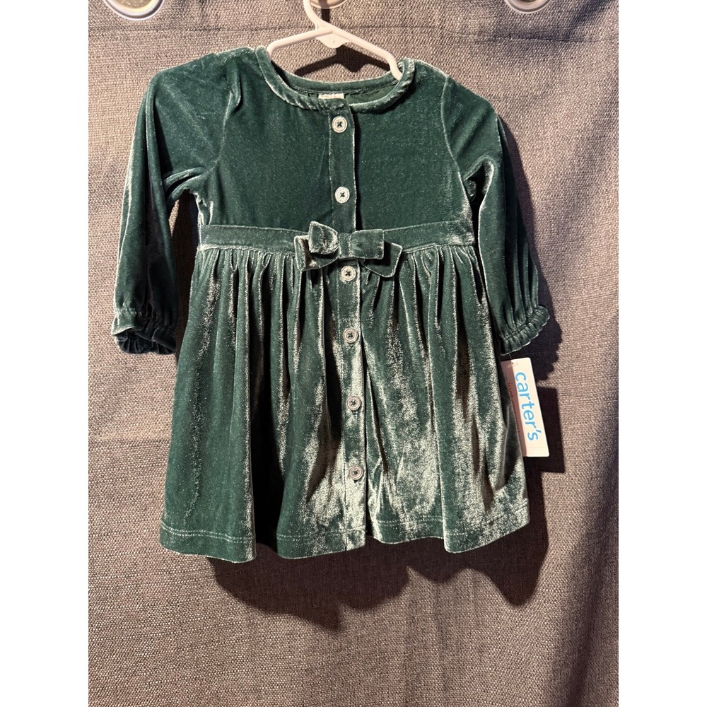 Carter's Baby Girl Green Velvet Button Front Dress Bow Size 9M NWT